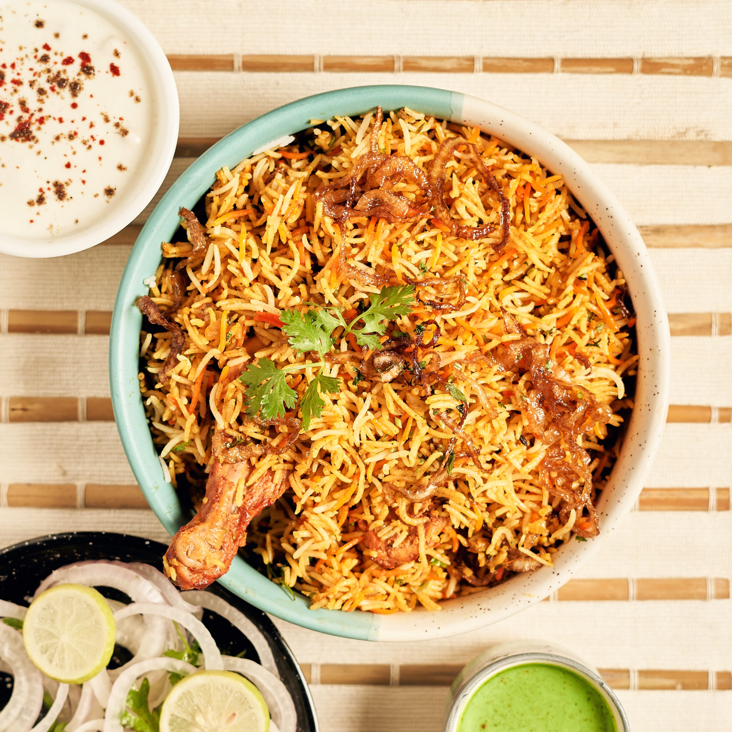 Bowl of delicious Hyderabadi dum biryani from a halal restaurant