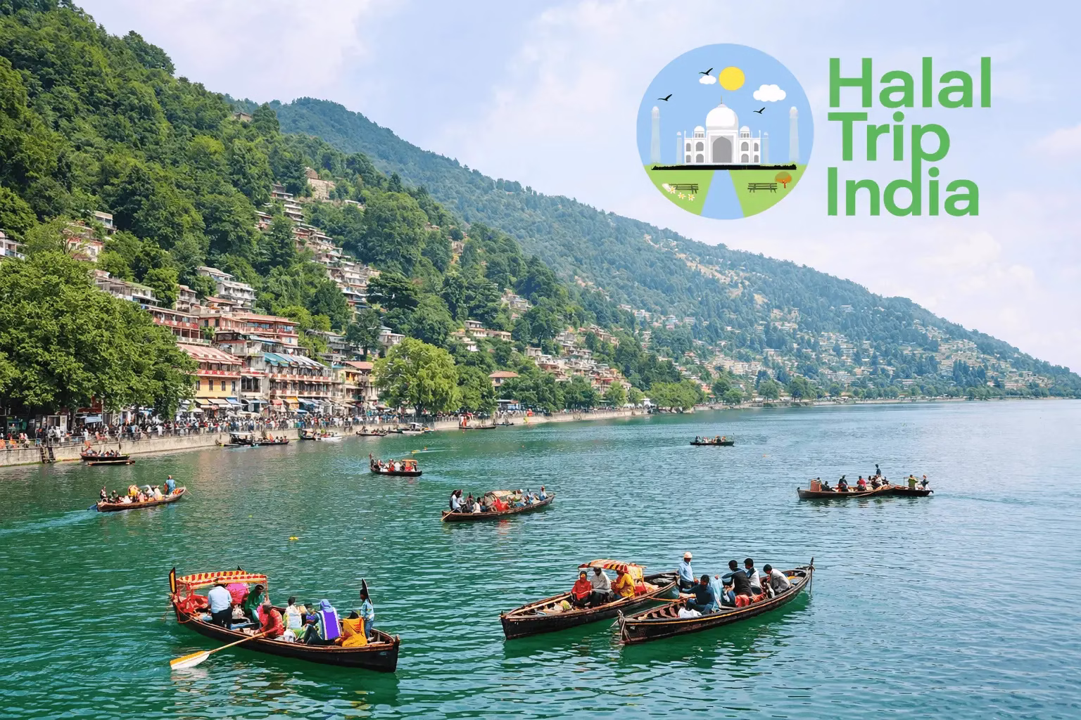 Scenic view of Naini Lake with traditional boats, surrounded by green hills and the bustling Mall Road in Nainital, a top Muslim-friendly hill station in India.