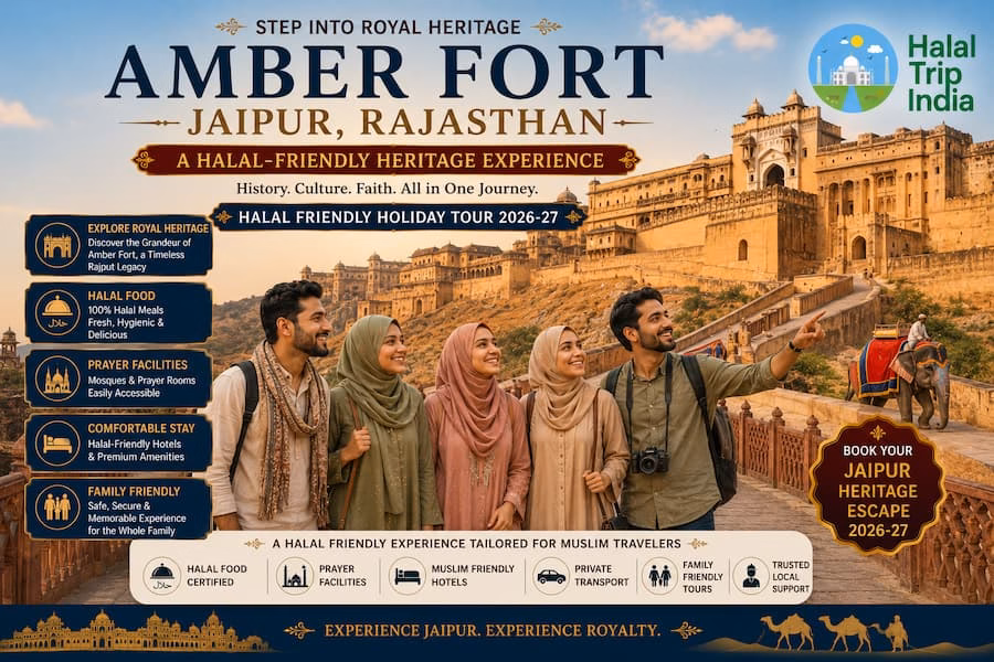 Amber Fort in Jaipur showcasing Indo-Islamic Rajput architecture, a top attraction on Halal-friendly holiday tours to Rajasthan