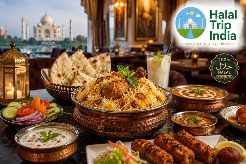 Halal Mughlai biryani served at a halal-friendly restaurant in Agra