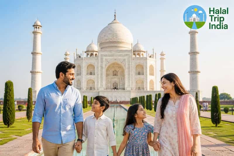 Muslim travelers visiting the Taj Mahal during a halal Agra tour
