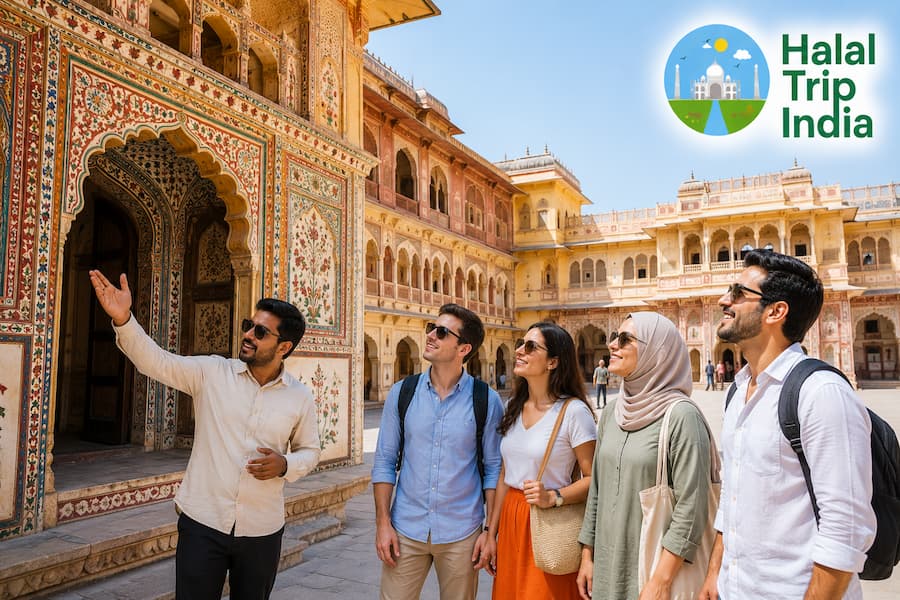 Muslim travelers exploring City Palace during a halal Jaipur tour