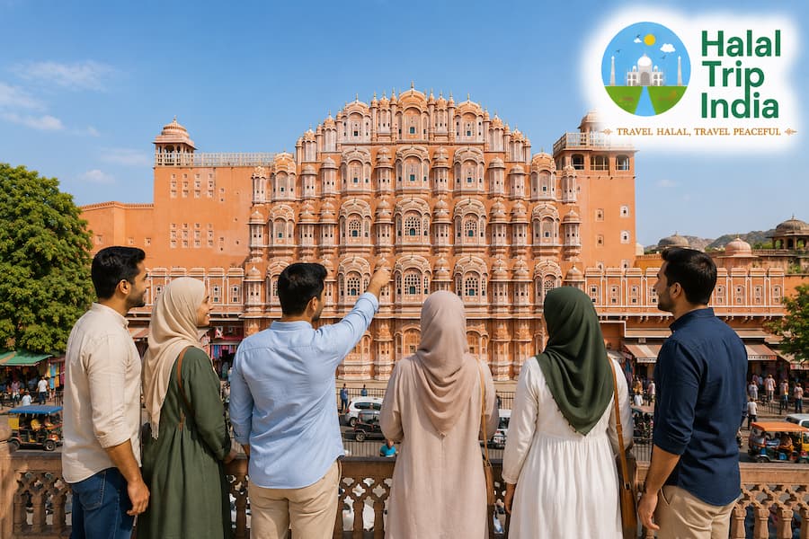 Muslim travelers admiring Hawa Mahal, the Palace of Winds, on a Halal-friendly Jaipur visit