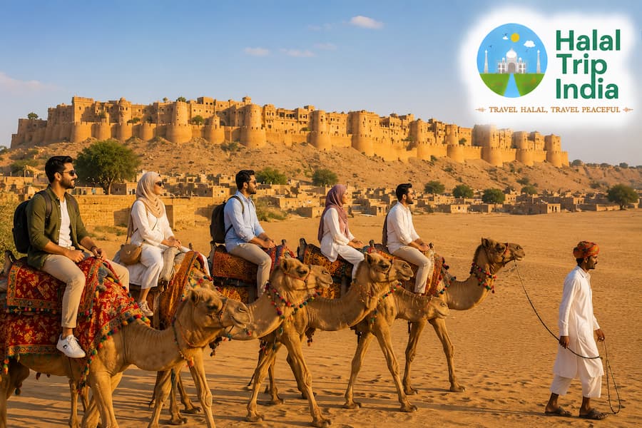 Muslim travelers on a camel desert safari near Jaisalmer Fort during a Halal-friendly Rajasthan trip