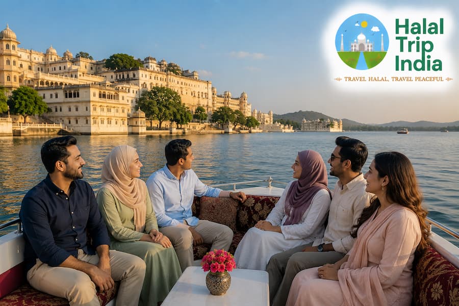 Muslim travelers enjoying a boat ride on Lake Pichola during a Halal-friendly Udaipur visit