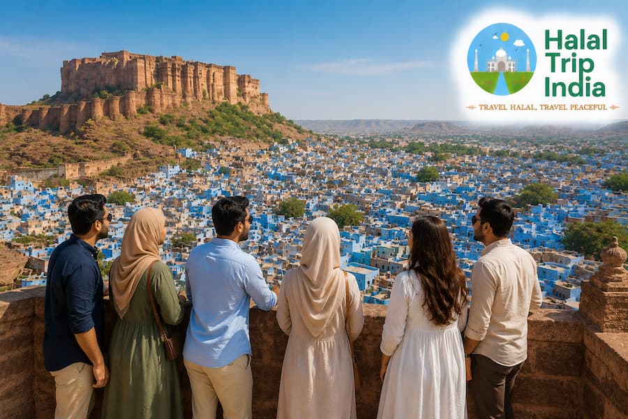 Muslim family overlooking Jodhpur's Blue City from Mehrangarh Fort on a Halal-friendly tour