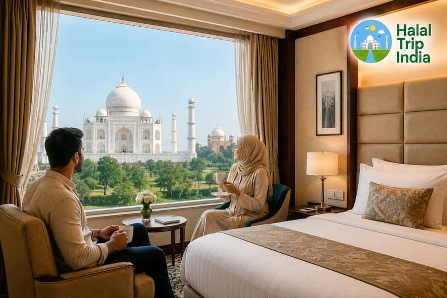 Muslim-friendly hotel room in Agra with a Taj Mahal view