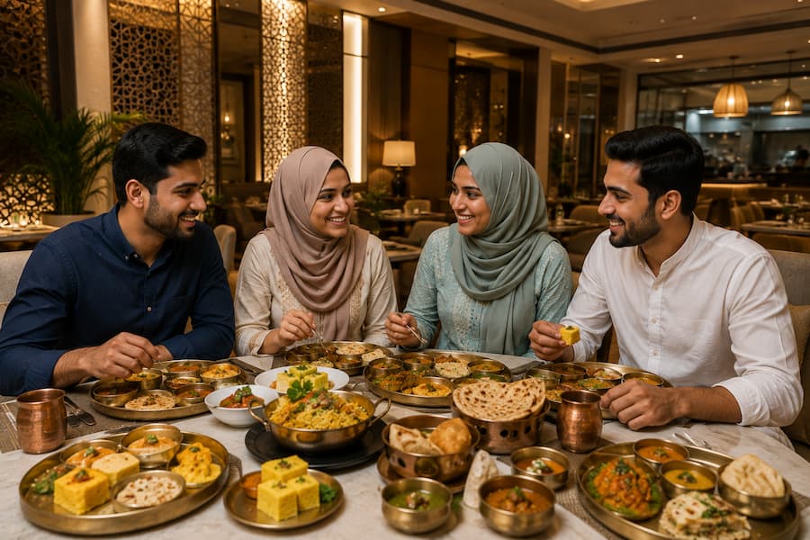 Muslim family enjoying Halal-certified Gujarati cuisine during a Halal-friendly Ahmedabad visit