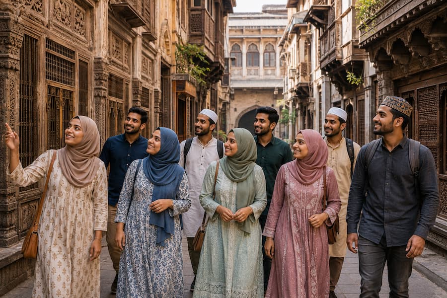 Muslim travelers exploring Ahmedabad's UNESCO-listed old city on a heritage walk