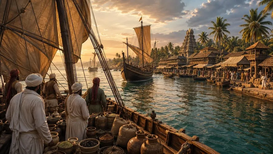 Ancient Arab traders sailing on ships toward Kerala's coast, the beginning of Kerala's Islamic heritage