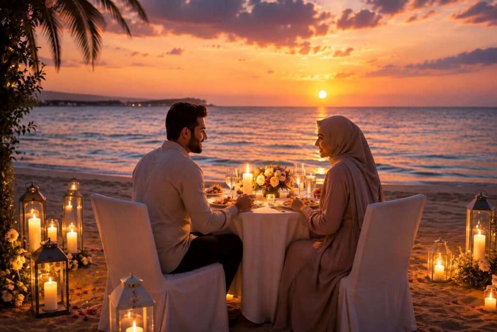 Muslim honeymoon couple enjoying a private candlelit dinner on the beach