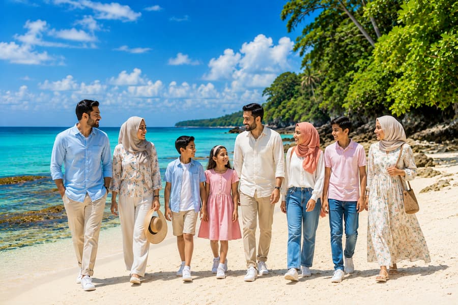 Muslim travelers exploring Bharatpur Beach on Neil Island