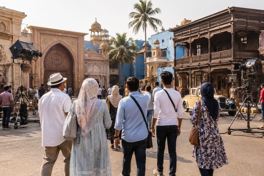 Muslim family exploring a Bollywood film studio on a Halal-friendly Mumbai tour