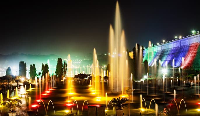 Muslim family enjoying Brindavan Gardens' musical fountain show near Mysore