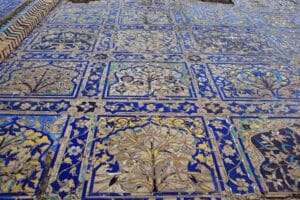 Close-up of Chini Ka Rauza's intricate Persian-style glazed tilework in Agra