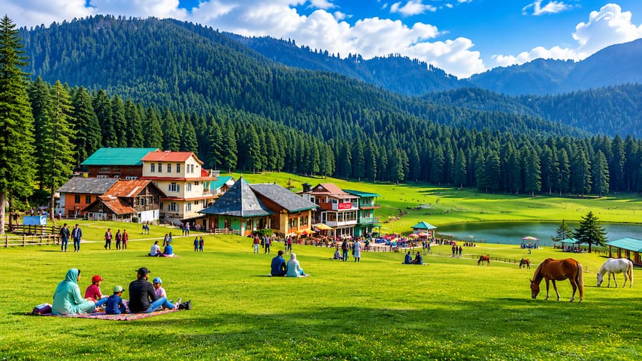 Muslim family exploring Dalhousie's colonial architecture and pine forests