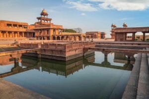 The five-tiered Panch Mahal and Jodha Bai Palace within Fatehpur Sikri's Mughal capital