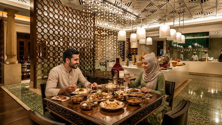 Muslim honeymoon couple enjoying halal-certified coastal seafood in Goa