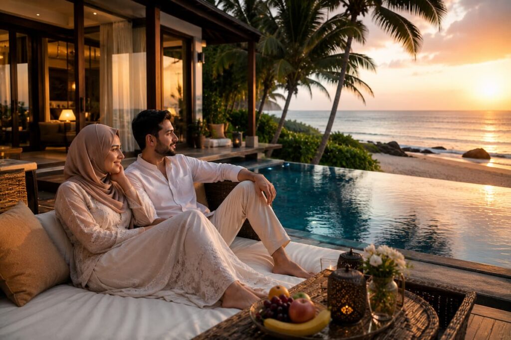 Muslim honeymoon couple relaxing at a private beachfront villa in Goa