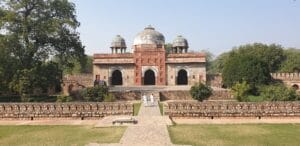 The Sur-style mosque within Isa Khan's walled tomb complex, predating Humayun's Tomb by twenty years