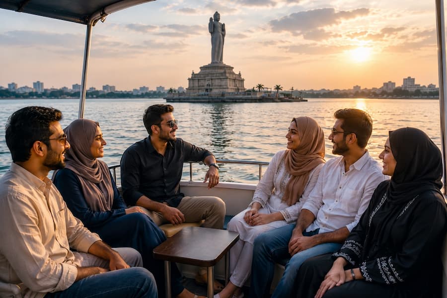Muslim family enjoying a boat ride on Hussain Sagar Lake in Hyderabad