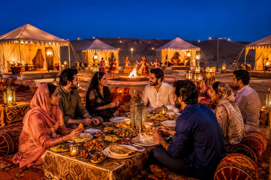 Muslim family enjoying halal-certified dining at a luxury desert camp near Jaisalmer