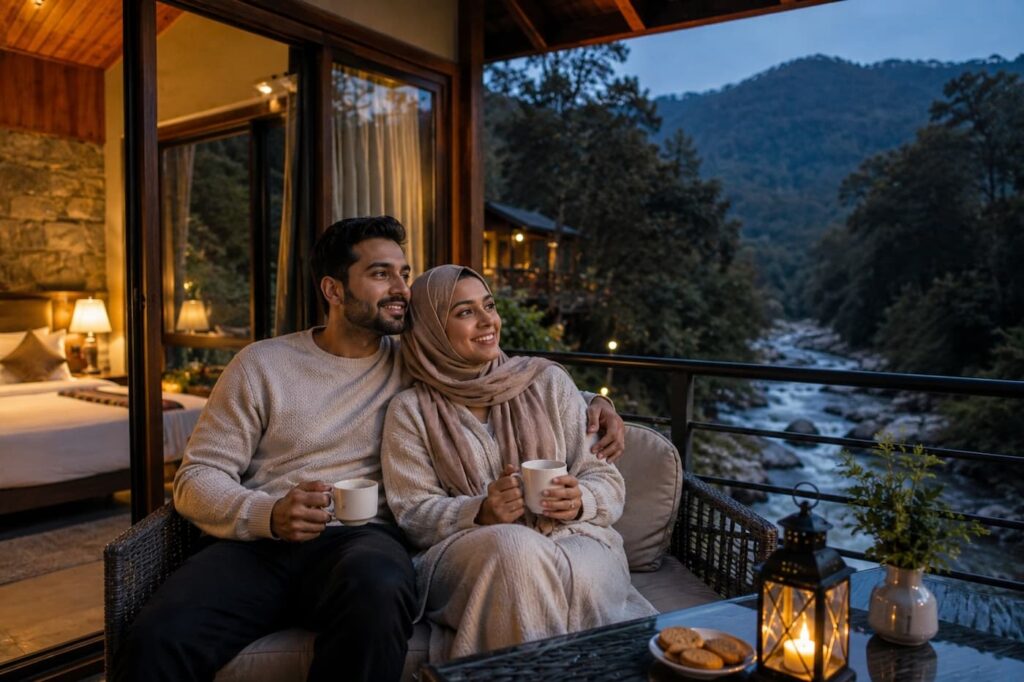 Muslim honeymoon couple enjoying a resort stay in Jim Corbett