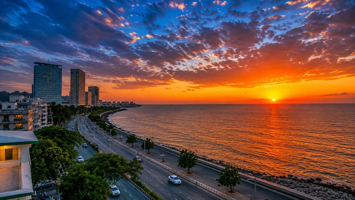Marine Drive's 'Queen's Necklace' lights along Mumbai's coastline at sunset