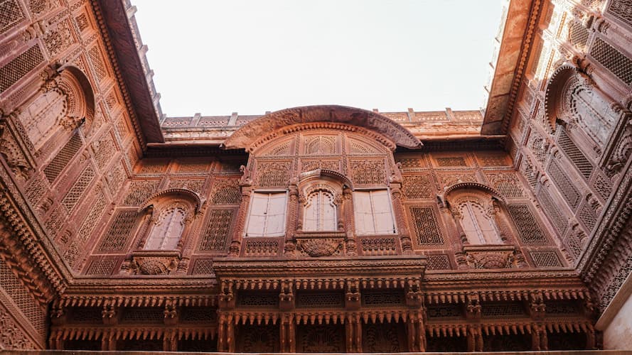 Intricate Indo-Islamic jali (lattice) work inside Mehrangarh Fort, Jodhpur