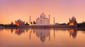 Mehtab Bagh, offering a scenic sunset view of the Taj Mahal across the Yamuna River