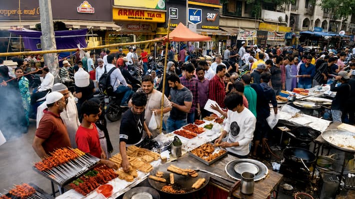 Halal street food stalls on Mohammed Ali Road, Mumbai, serving kebabs and nihari