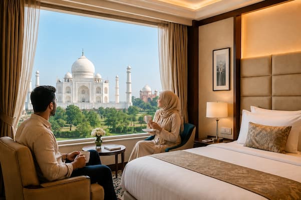 Muslim-friendly hotel room in Agra with a Taj Mahal view