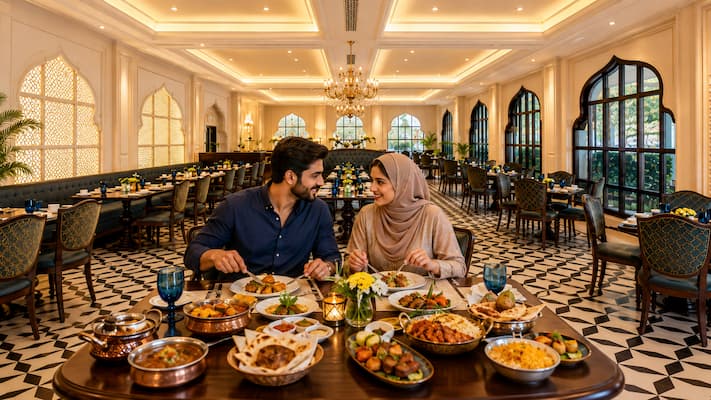 Muslim honeymoon couple dining on halal food during a Halal-friendly honeymoon trip in Udaipur