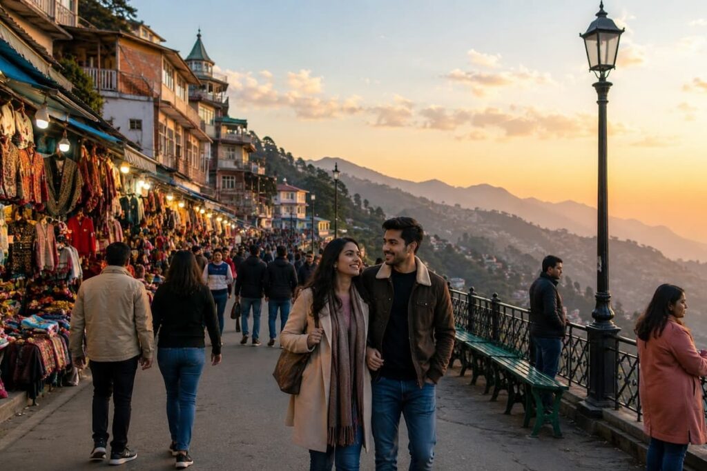 Muslim family exploring shops and views along Mall Road, Mussoorie