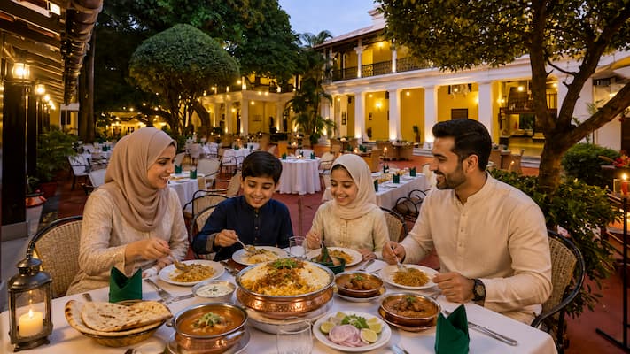 Muslim family enjoying authentic halal food during a Mysore travel trip in India