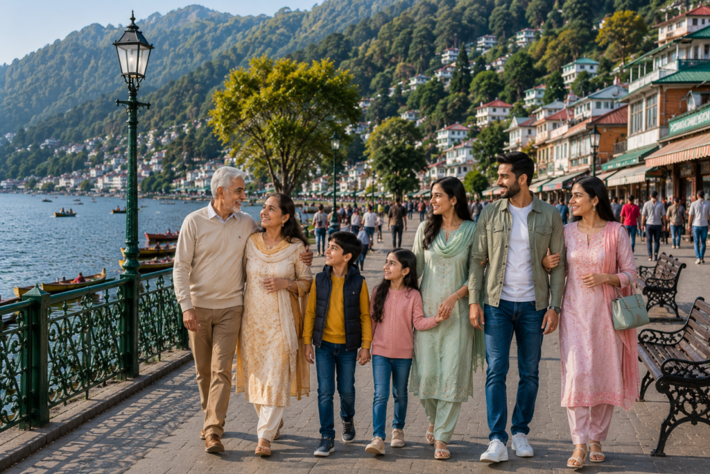 Muslim travelers strolling Mall Road in Nainital