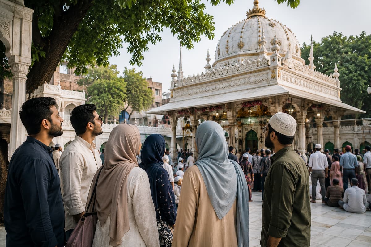 Muslim pilgrims at the Dargah of Hazrat Nizamuddin Auliya on a Ziyarat tour of Delhi