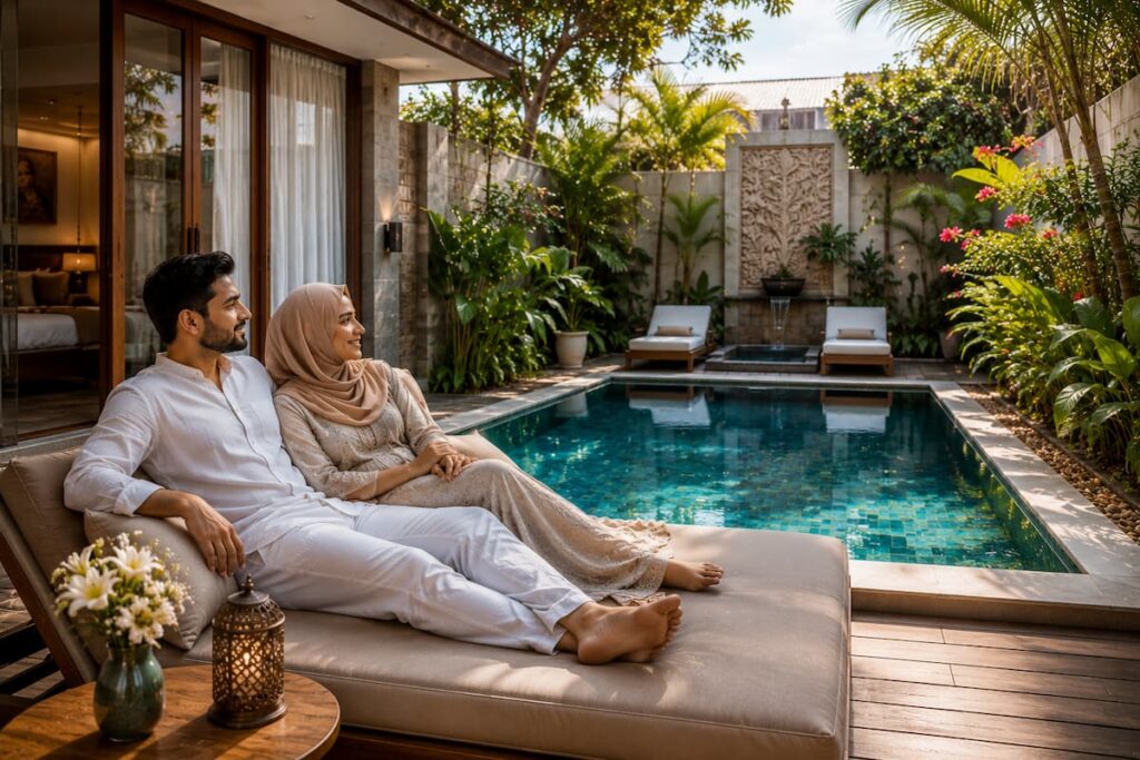 Muslim honeymoon couple relaxing at a private pool villa with enclosed garden