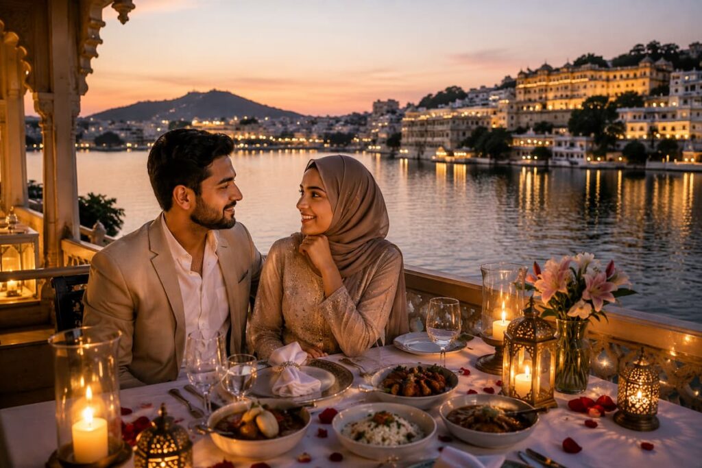 Muslim honeymoon couple enjoying a lakeview dinner in Udaipur, Rajasthan