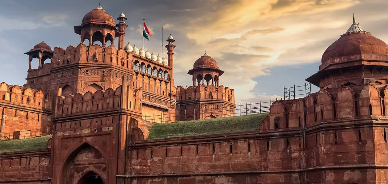 Red Fort's grand gates, built by Emperor Shah Jahan, a UNESCO World Heritage Site in Delhi
