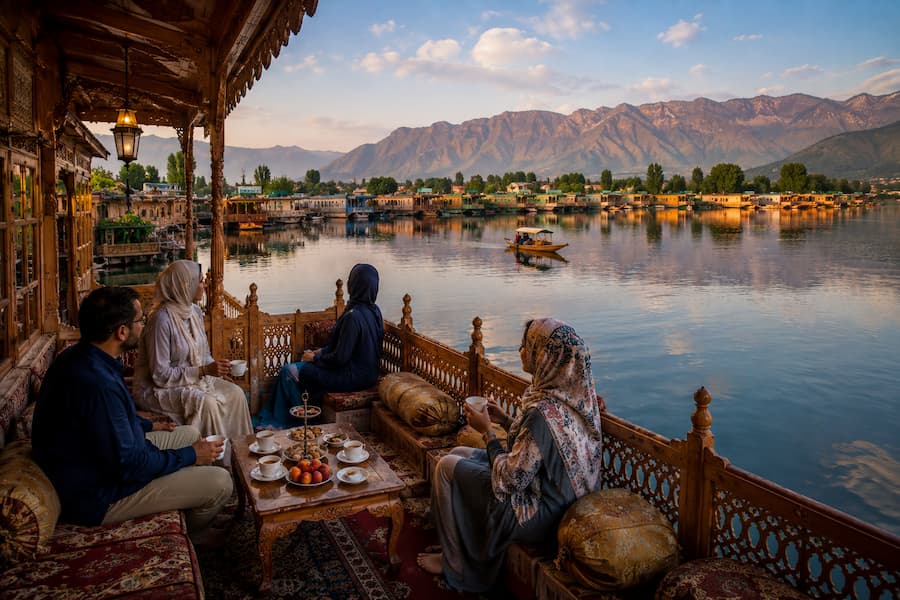 Muslim family enjoying a Halal-friendly houseboat stay on Srinagar's Dal Lake