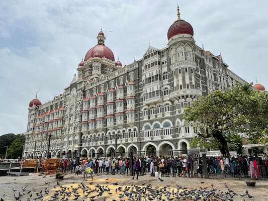 The iconic Taj Mahal Palace Hotel dome, standing opposite the Gateway of India in Mumbai