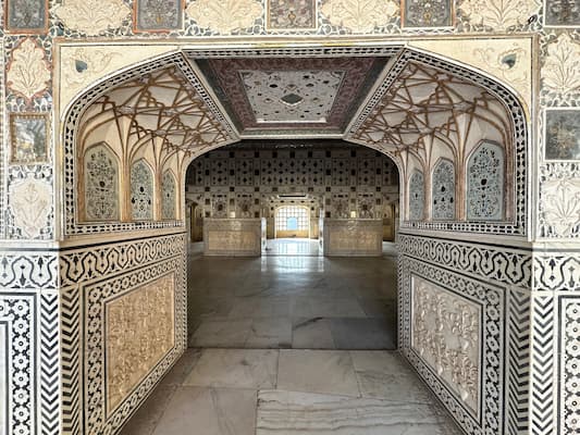 The mirror-inlaid ceiling of Amber Fort's Sheesh Mahal, near Jaipur