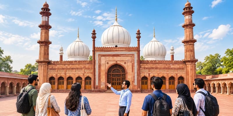 Muslim travelers exploring the historic AMU Jama Masjid on a guided heritage walk through Aligarh Muslim University's historical buildings