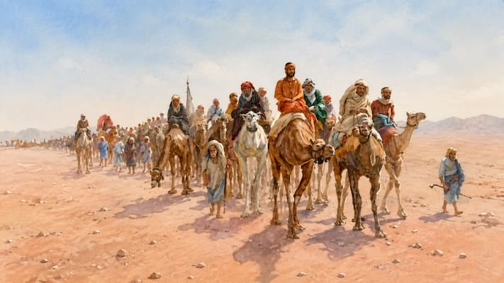 Arab travelers on camels during the early age of Islam, spreading Sufi teachings across trade routes