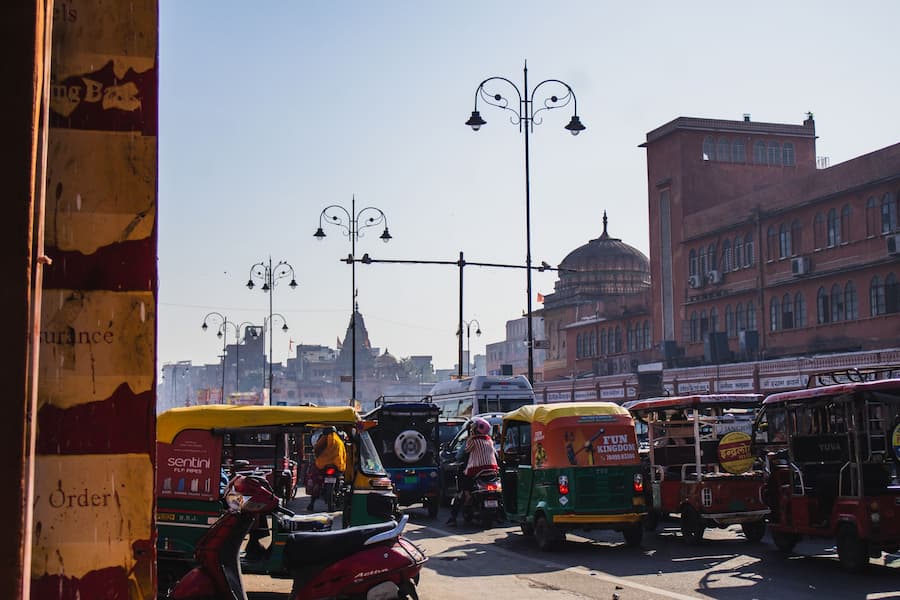 The colorful, bustling streets of Chandpole Bazaar, showcasing Jaipur's traditional crafts and halal street food
