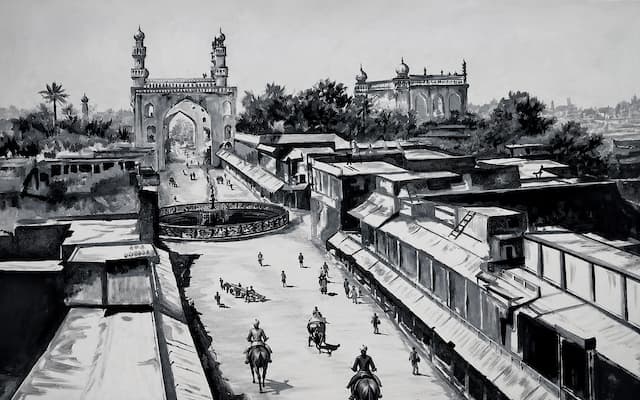 An artistic depiction of Charminar during the medieval Qutb Shahi era, a cornerstone of Hyderabad City of Nizams