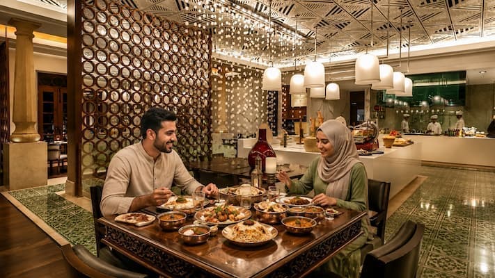 Muslim honeymoon couple enjoying a Halal seafood dinner in Goa