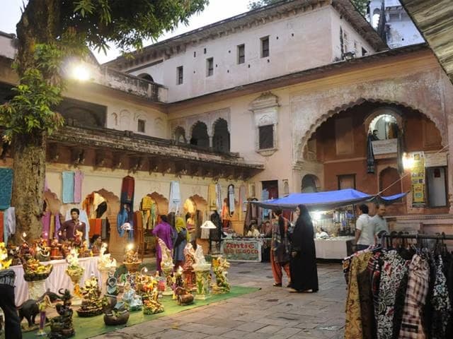 Muslim family exploring Gohar Mahal, built by Qudsia Begum in 1820, in Bhopal