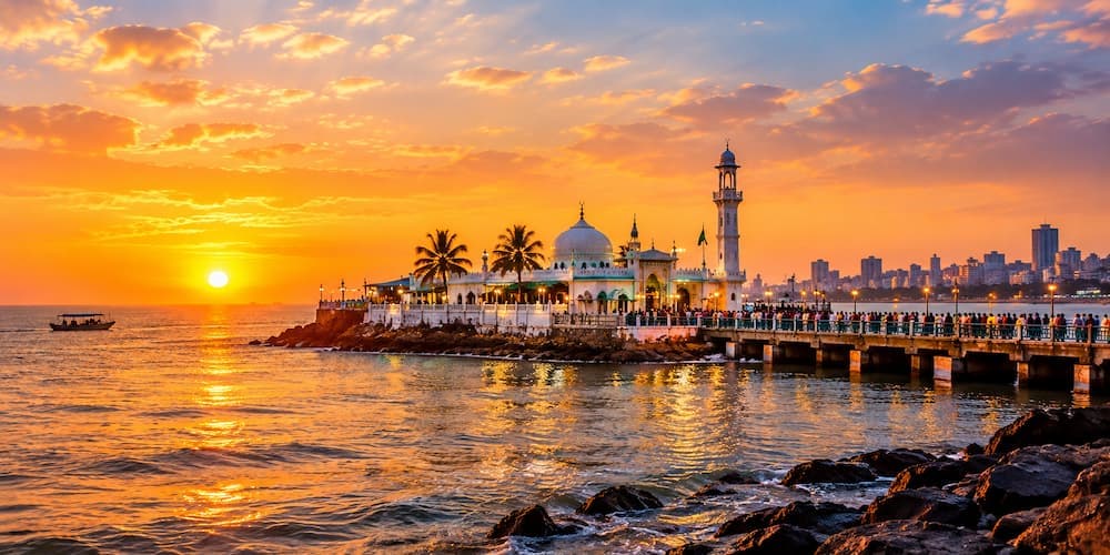 Muslim pilgrims crossing the causeway to Haji Ali Dargah on a Halal-friendly Mumbai visit